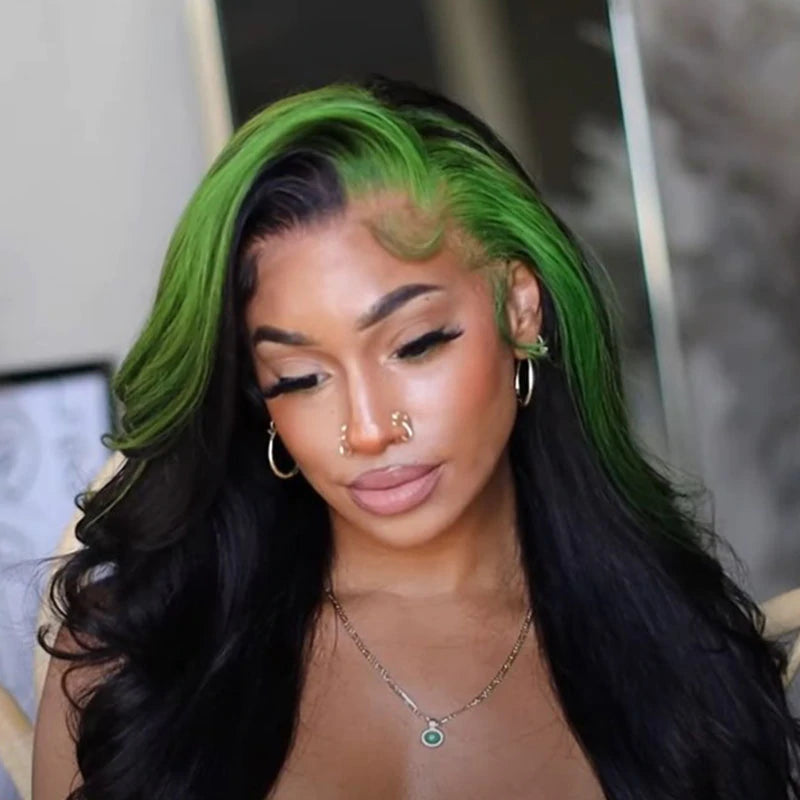 Green Skunk Stripe Color Wig Transparent Lace Front Wigs