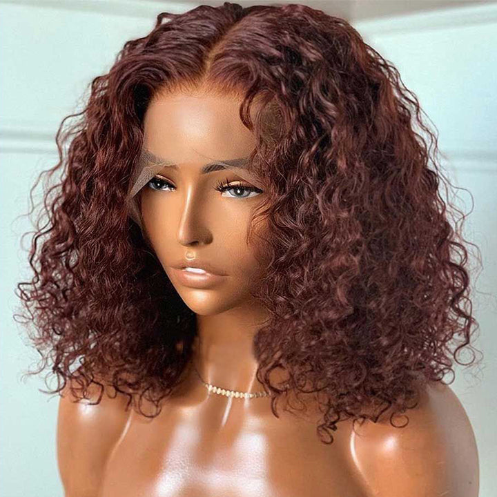 Blinghair Reddish Brown Short Curly 13x4 Lace Front Bob Wig Glueless 4x4 Lace Bob Human Hair Wig