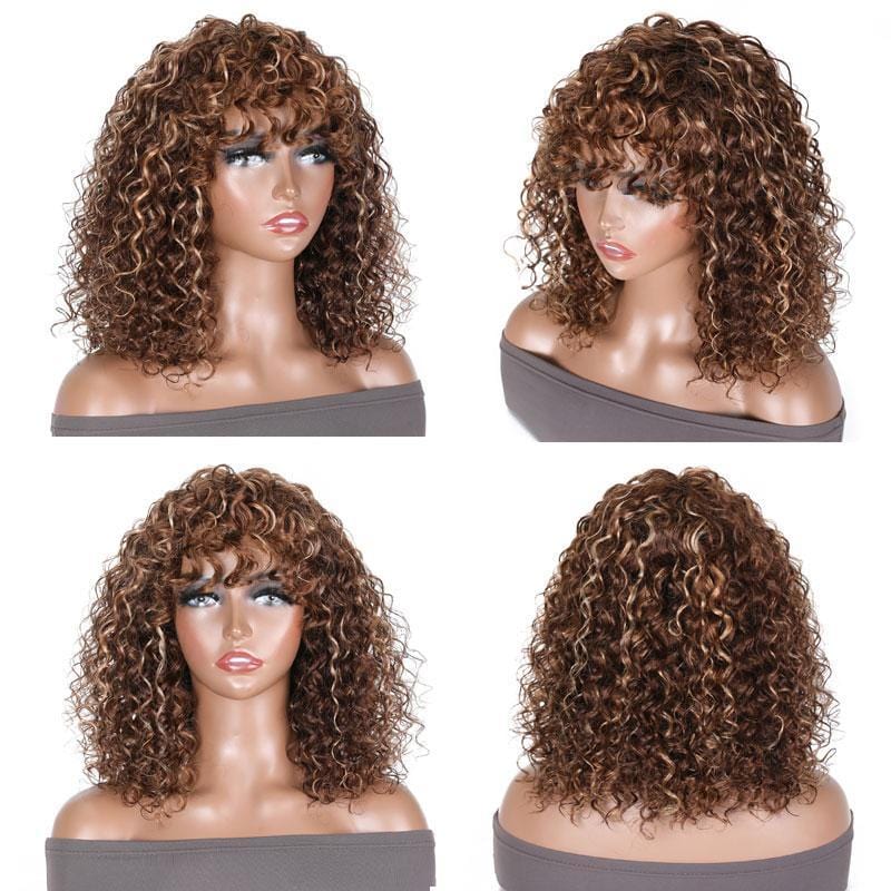 Bouncy Curl Short Bob Human Hair Wigs with Bangs for Women Ombre Highlight Wig