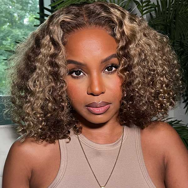 Highlight Curly Bob Wig 4/27 Brown Mix Color Transparent Lace Wig