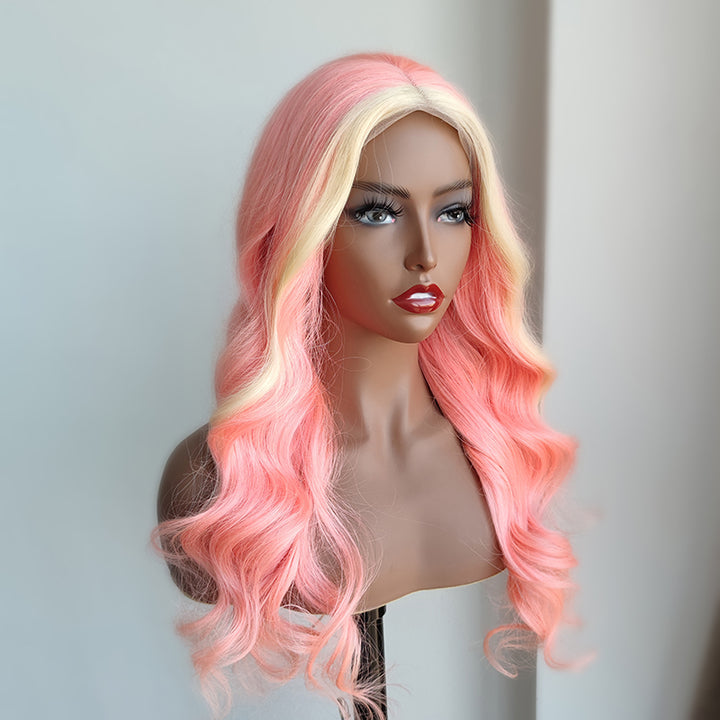 Blonde & Pink Skunk Stripe Color Wig Transparent Lace Wig