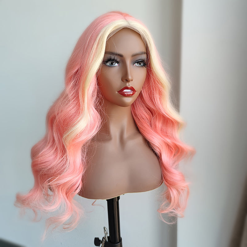 Blonde & Pink Skunk Stripe Color Wig Transparent Lace Wig