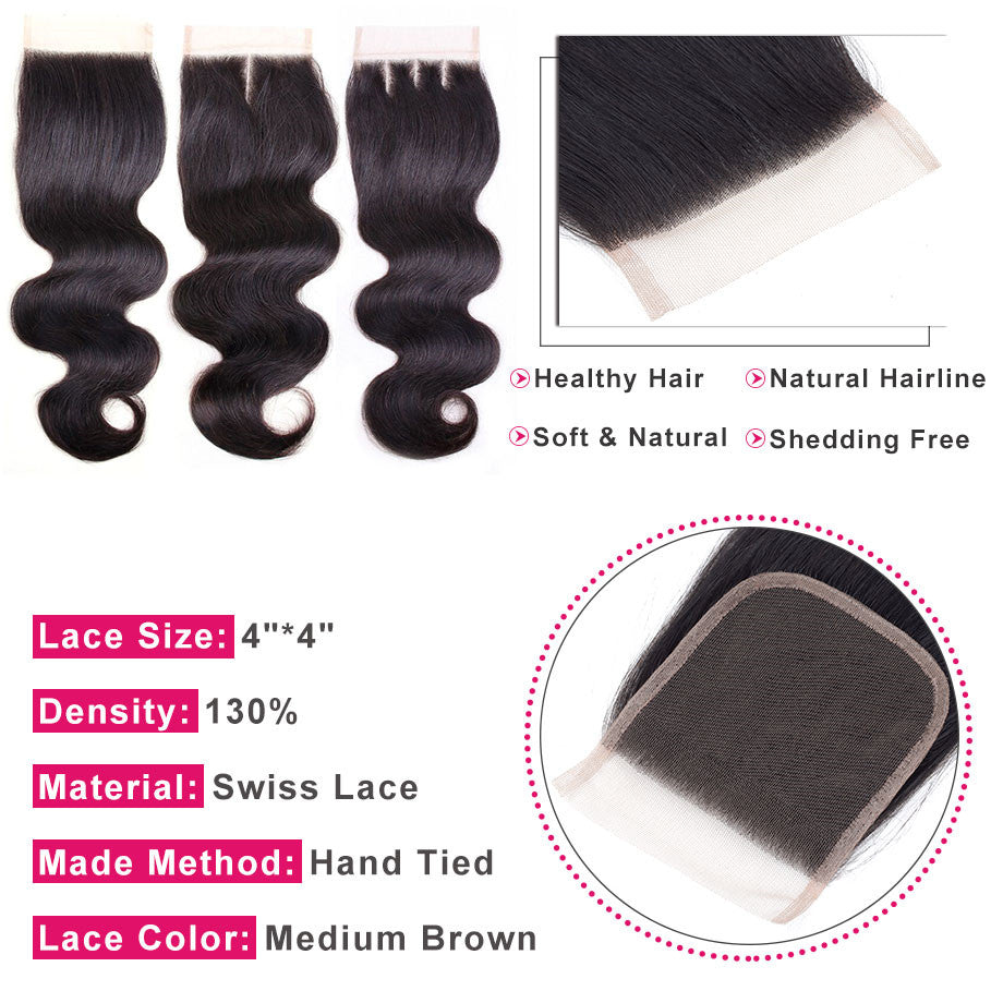 Body Wave Closure 4*4  Lace Closure Human Hair Natural Color bling hair - Bling Hair