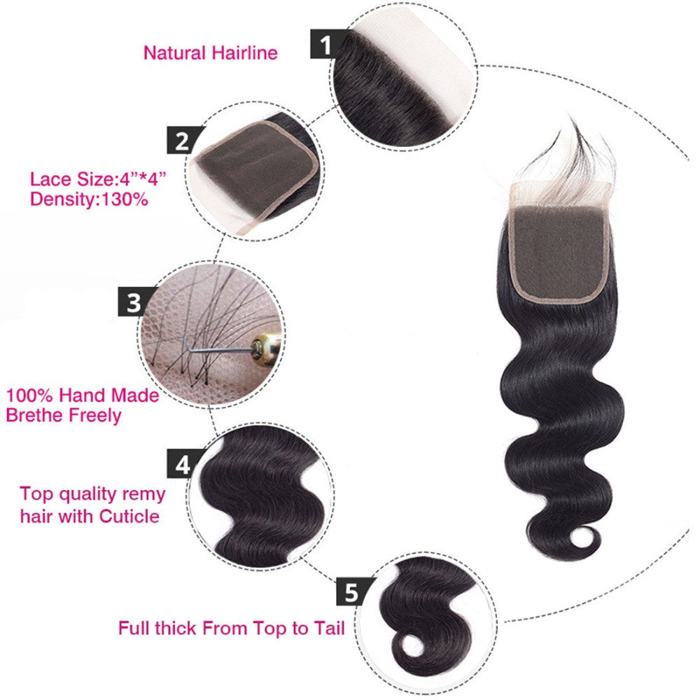Body Wave Closure 4*4  Lace Closure Human Hair Natural Color bling hair - Bling Hair