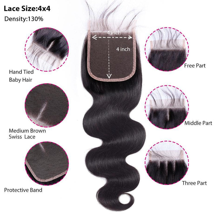 Body Wave 4 Pics Virgin Hair Bundles With 4×4 Closure Free Part 15A Grade Bling Hair