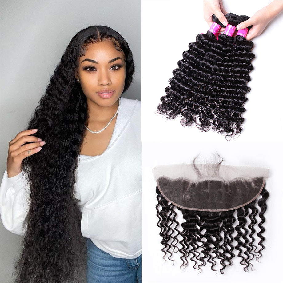 Deep Wave Bundles With 13×4 Lace Frontal 10A Grade 100% Human Virgin Hair Bling Hair