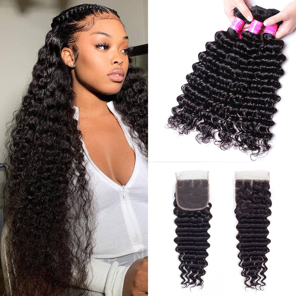 Brazilian Deep Wave Bundles With 4×4 Closure 10A Grade 100% Human Remy Hair Bling Hair - Bling Hair