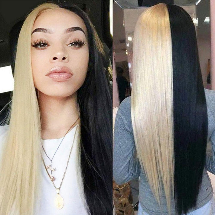 Blinghair Half Black Color Human Hair Straight Lace Front Wig