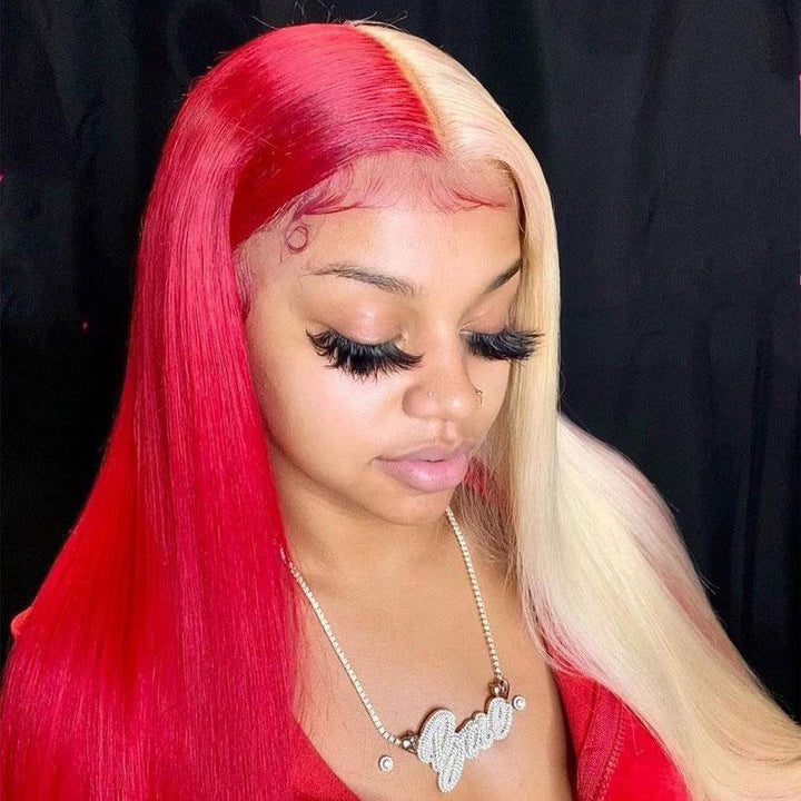 Half Blond and Half Pink/Red Color Straight Lace Front Wig