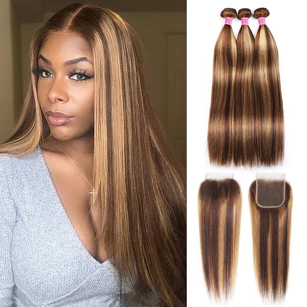 Ombre P4/27 Brown with Highlight Color Hair Bone Straight Bundles  With Closure