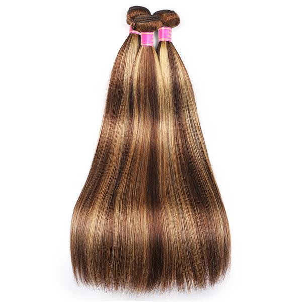 BlinghairOmbre P4/27 Brown with Highlight Color Hair Bone Straight Bundles  With Closure