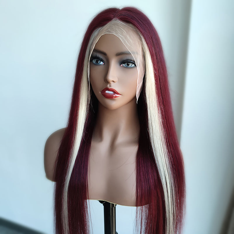 Blonde & Red Wine Skunk Stripe Color Lace Front Wig