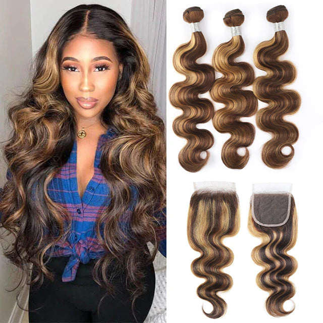 P427 Ombre Body Wave 3 Bundles With 4×4 Closure 100% Virgin Hair