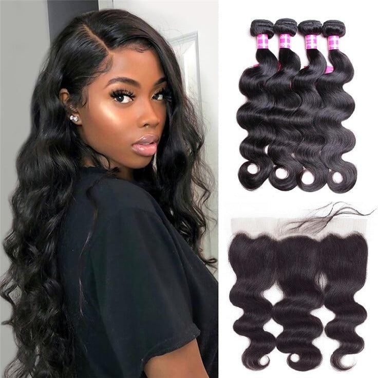 Body Wave 4 Bundles With 13×4 Lace Frontal Free Part 100% Virgin Hair Bling Hair