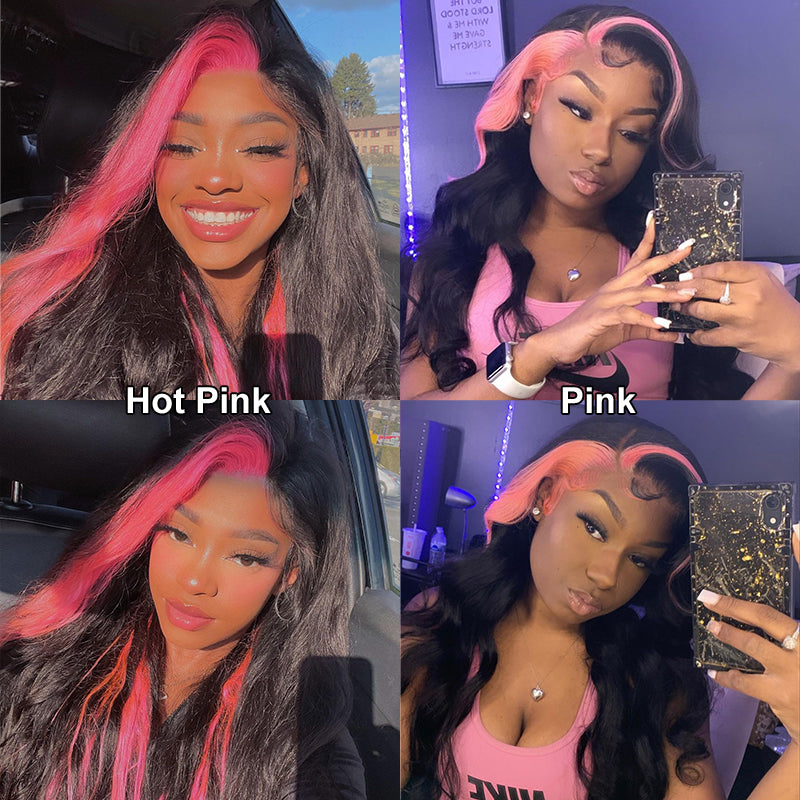 Hot Pink & Black Skunk Stripe Color Body Wave Wig Lace Front Wig