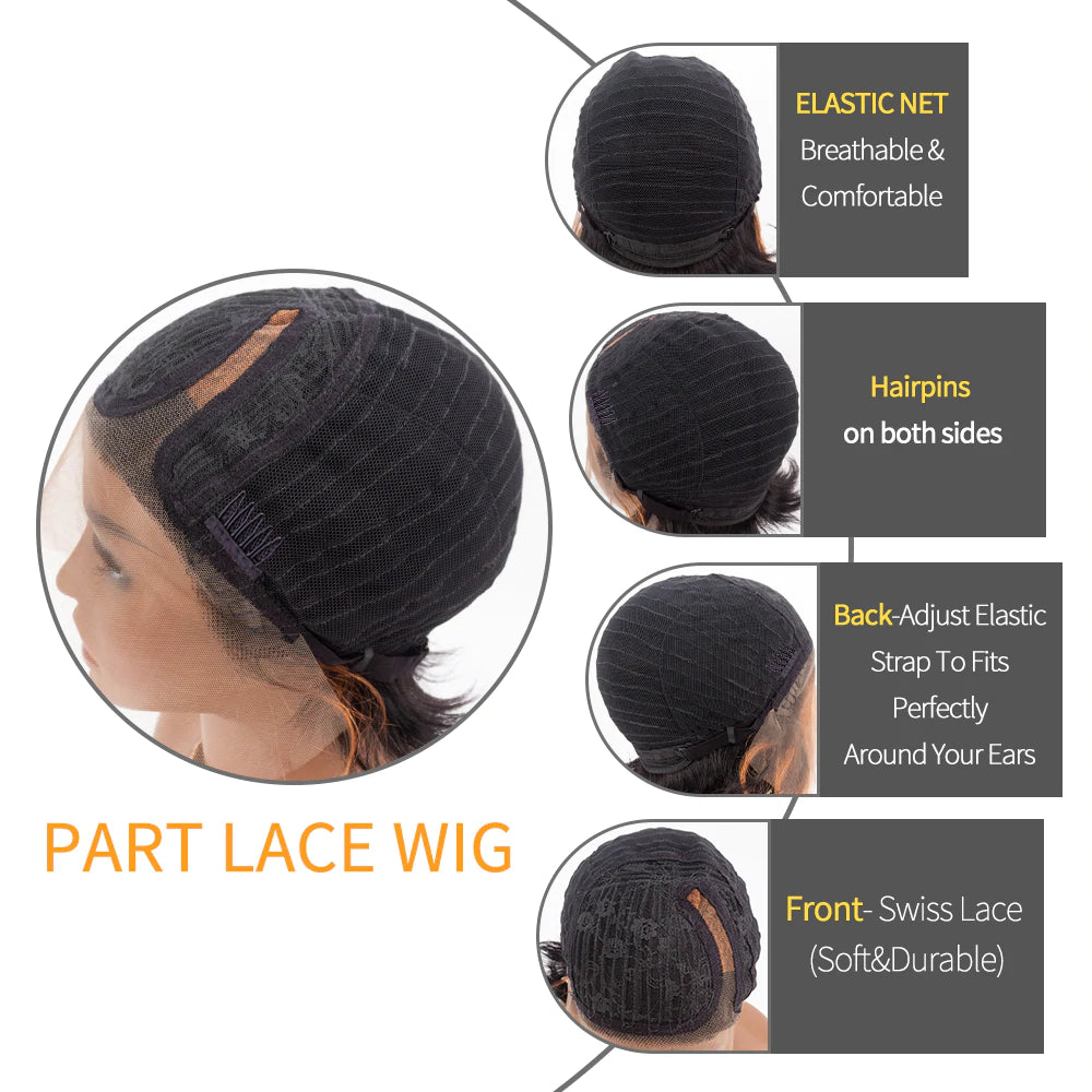 1B/30 13x1 T Lace Side Part Straight Short Pixie Cut Bob Wigs For Women