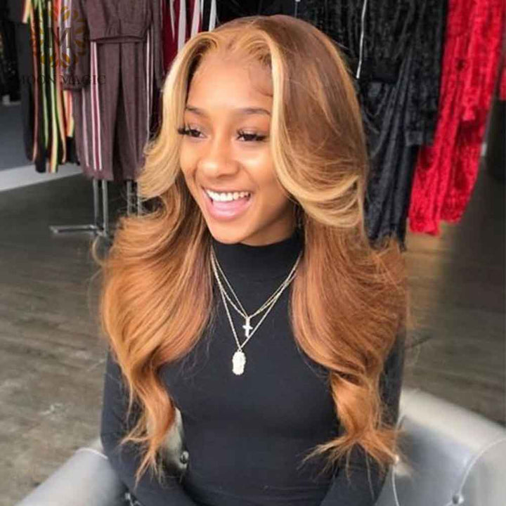 Honey Blonde Mix Brown Highlight Wigs 13x4 / 4x4 Transparent Lace Wigs Body Wave Virgin Hair Pre-Colored Human Hair