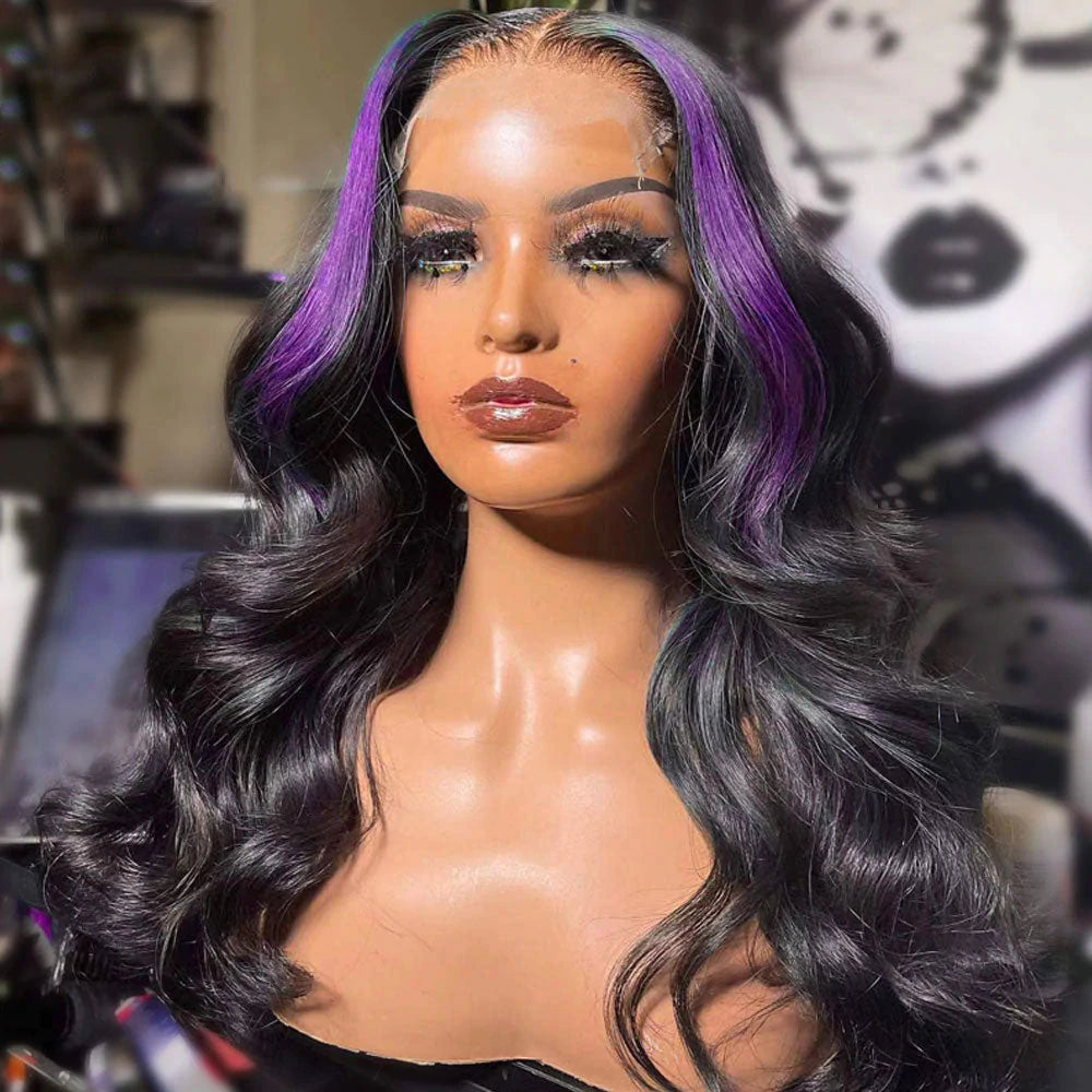 purple Skunk Stripe Straight Transparent Lace Front Human Hair Wigs