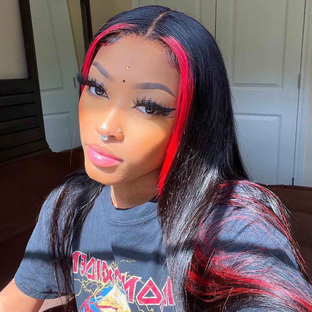 Cherry Red /Blue Skunk Stripe Straight Transparent Lace Front Wigs