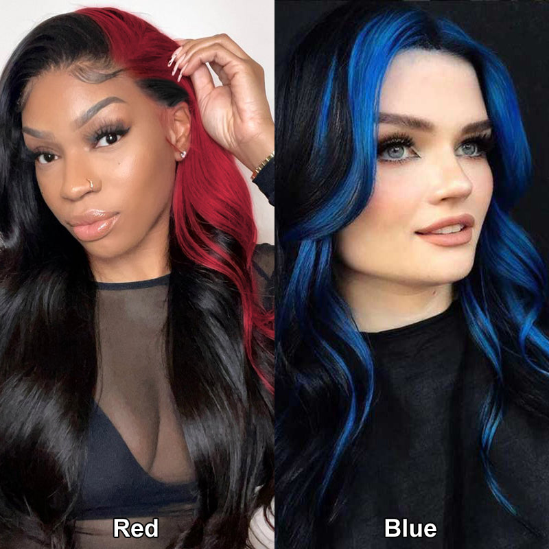 Cherry Red /Blue Skunk Stripe Straight Transparent Lace Front Human Hair Wigs