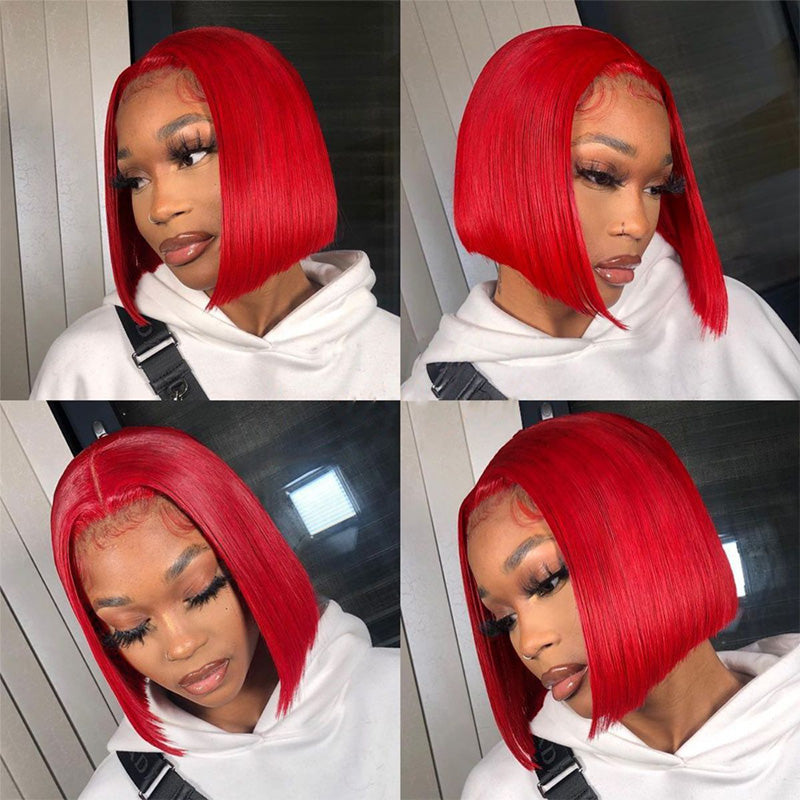 Blinghair Candy Apple Red Color Straight Short Bob Wig Free Part Wig