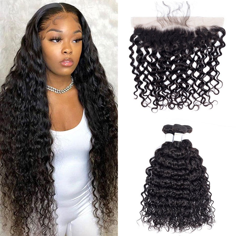 Water Wave 3 Bundles With 13×4 Lace Frontal 10A Grade 100% Human Virgin Hair Bling Hair