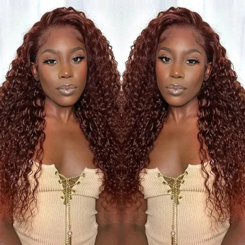 Water Wave  Reddish Brown Lace Front Wig Human Hair Auburn Copper Color for Women